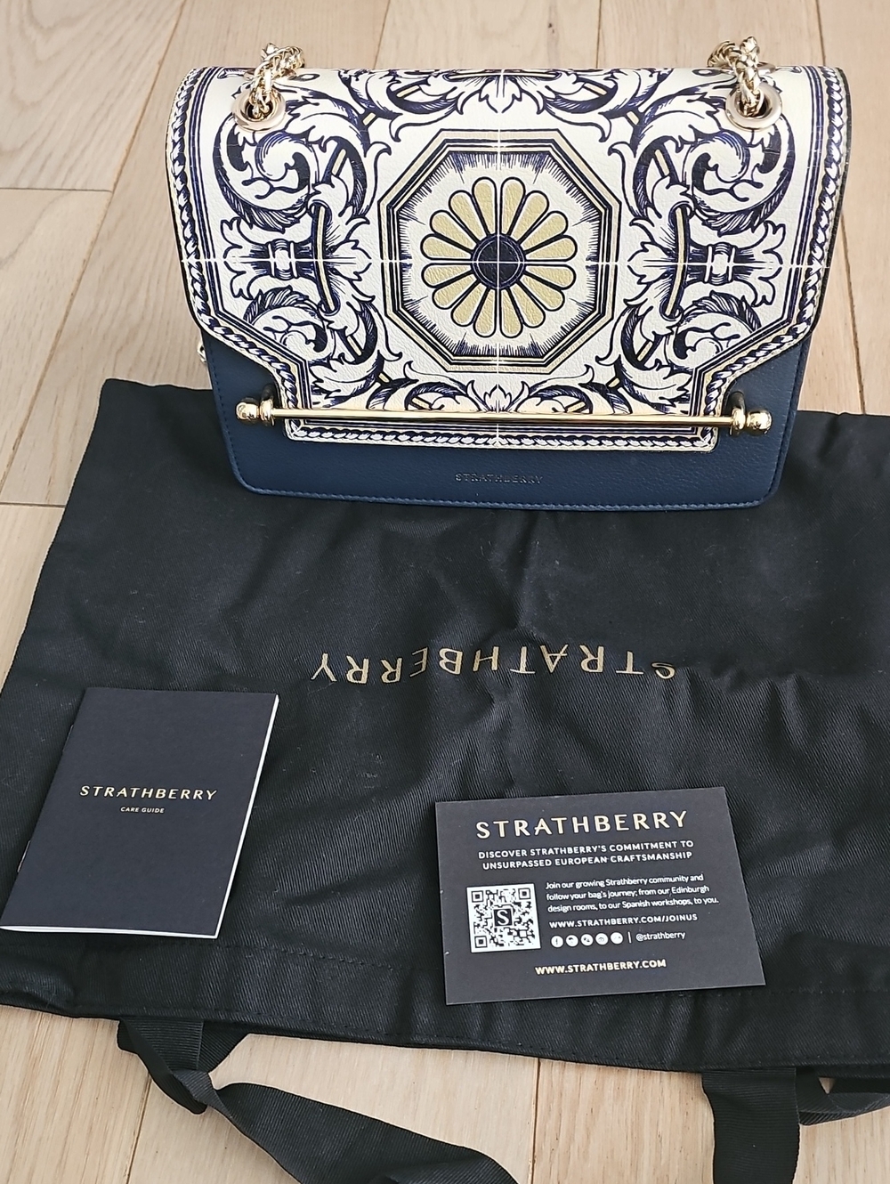 Strathberry Navy and Cream Decorative Print Chain Shoulder Bag